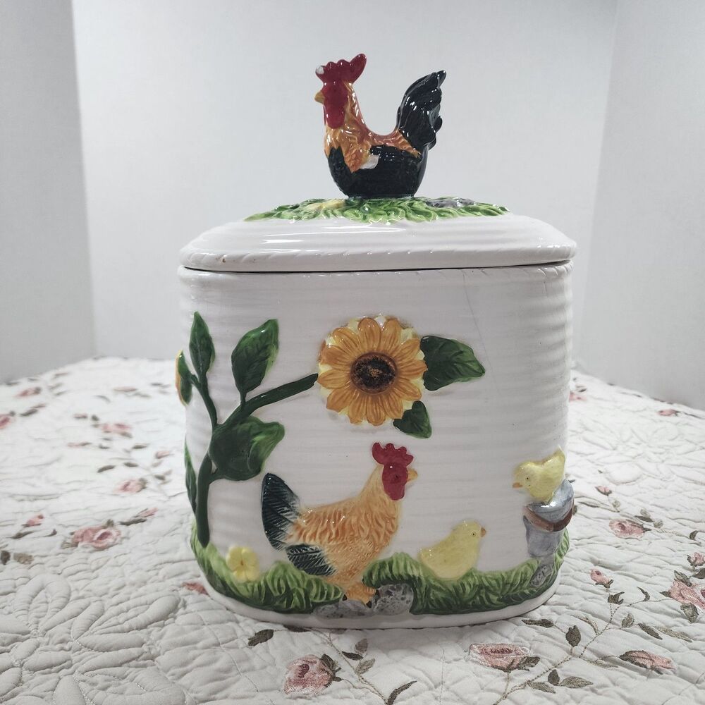 Vintage Ceramic Rooster Storage Jar 3D Sunflower Chicken Farmhouse Canister